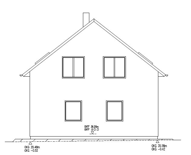 Line drawing of a two-story house with two windows on top and two below, roof with chimney.