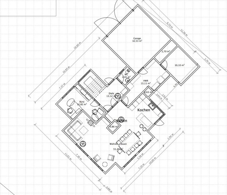 Grundriss eines Hauses mit Garage, Küche, Wohnen/Essen, Büro, Flur, HWR.