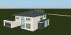 3D-Modell eines modernen weißen Hauses auf grünem Rasen, Außenansicht