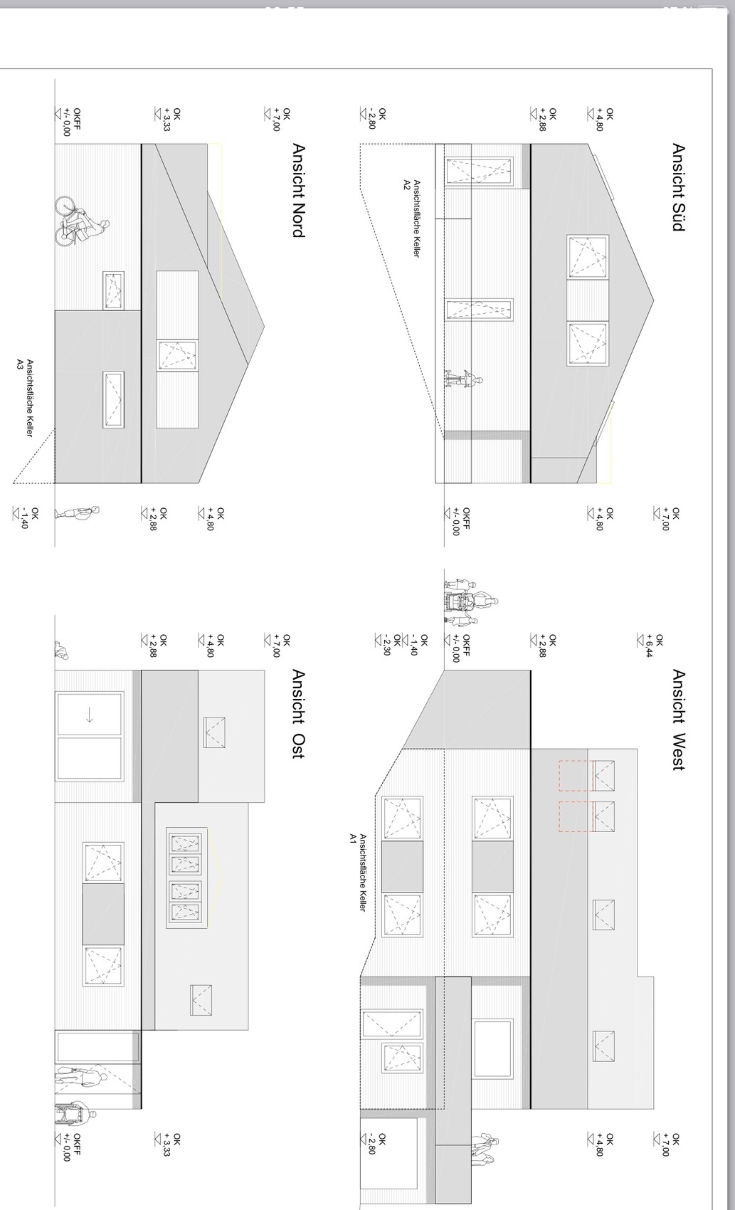 Views of a detached house: north, east, west, and south facades.