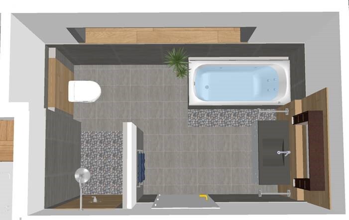 3D-Bathroom layout with bathtub, sink, toilet, and shower
