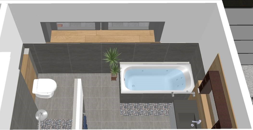 3D-Bathroom with bathtub, toilet, and sink, modern fittings.