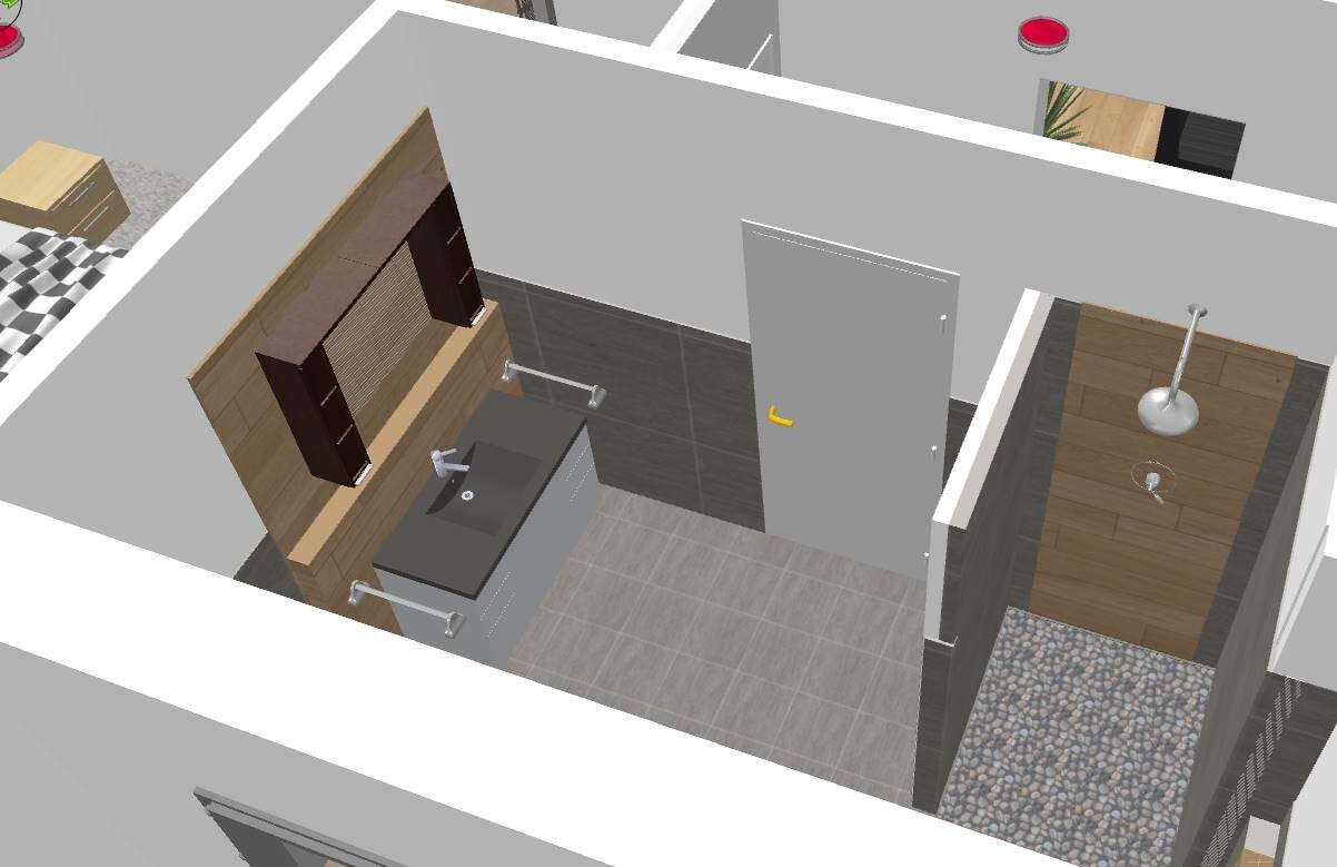 3D model of a modern bathroom with sink, base cabinet, and shower