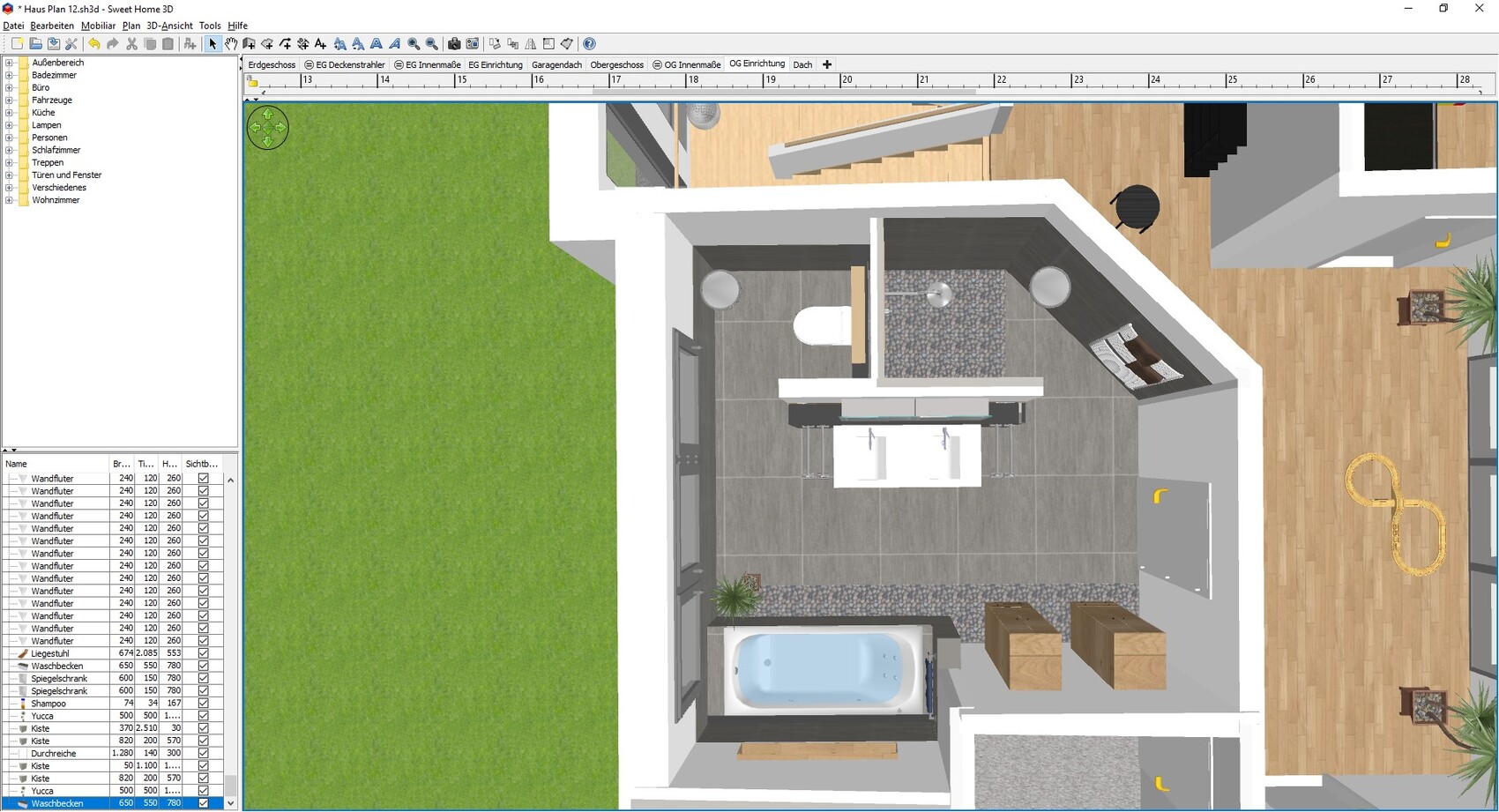 3D-Bathroom and toilet floor plan with bathtub, sink, and shower
