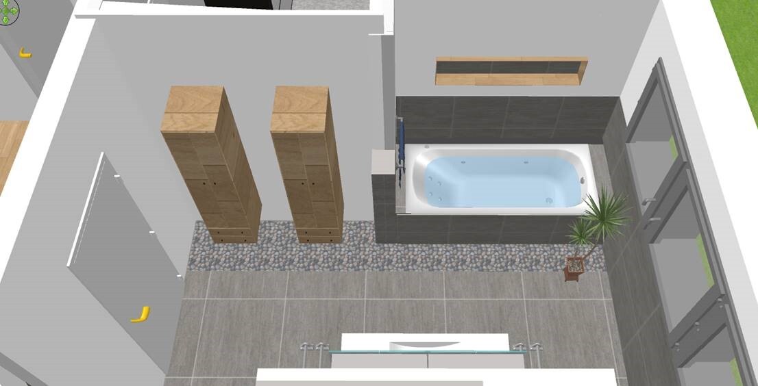 3D-Bathroom with bathtub, dark tiled wall, wooden cabinets, and plant