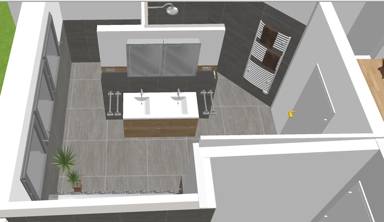 3D-Bathroom with double washbasin, mirror, heated towel rail, and shower