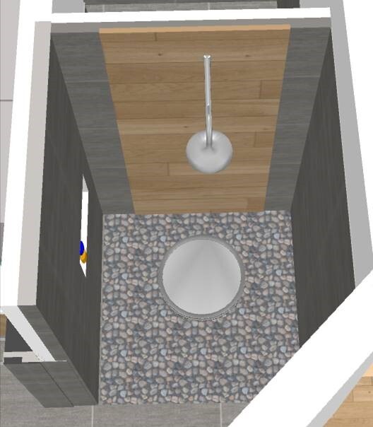 3D-Bathroom with shower, pebble floor, and wood wall cladding