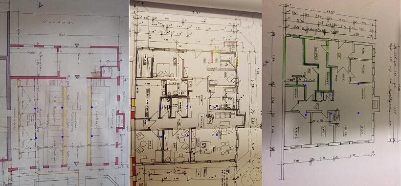 Three building plans/floor plans side by side showing interior layout and dimensions.