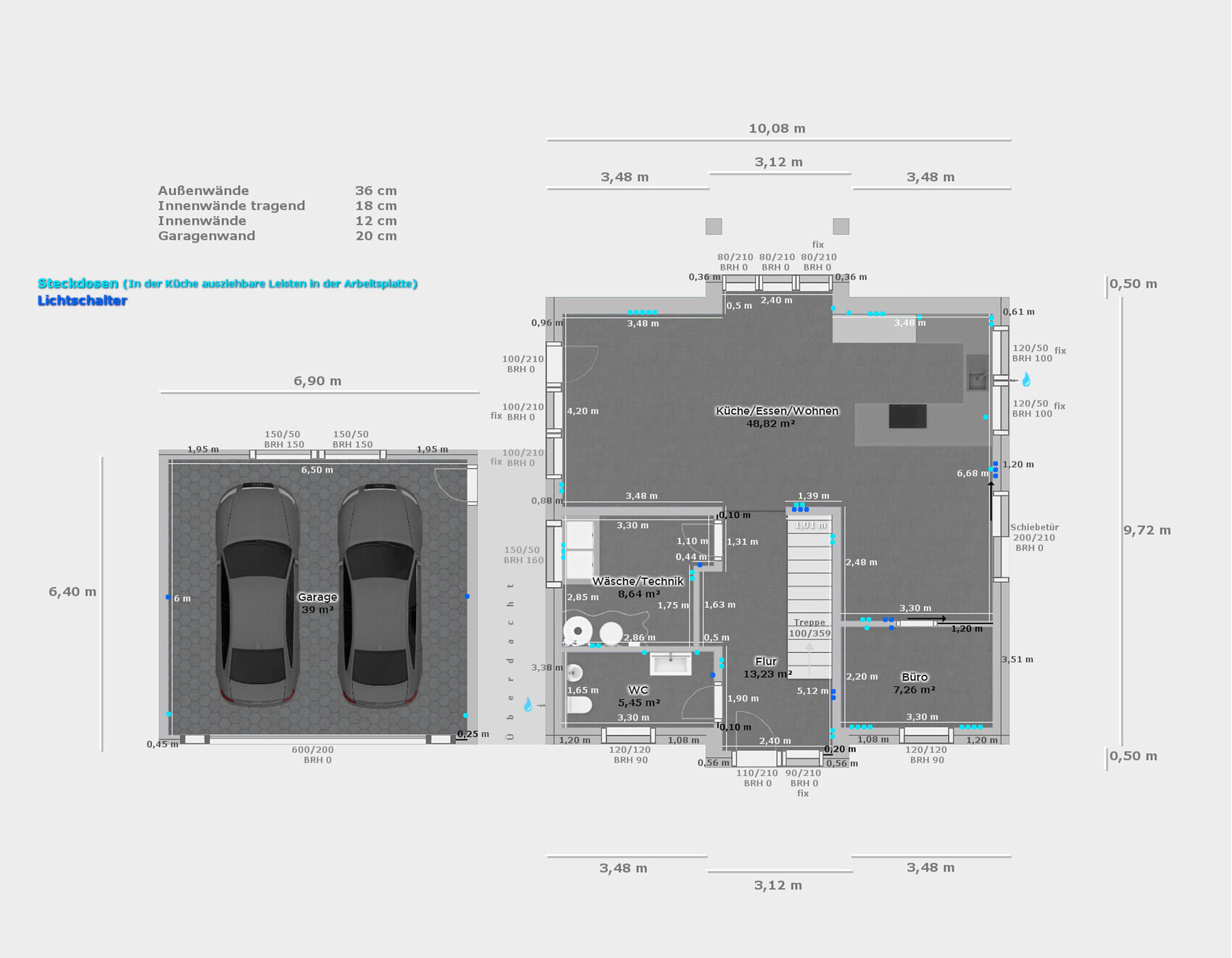 Floor plan of a house with double garage on the left and open kitchen/living area on the right.