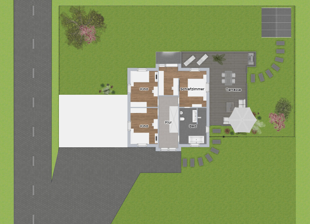 Floor plan of a single-family house: hallway, master bedroom, two children’s rooms, bathroom, terrace, and garden.