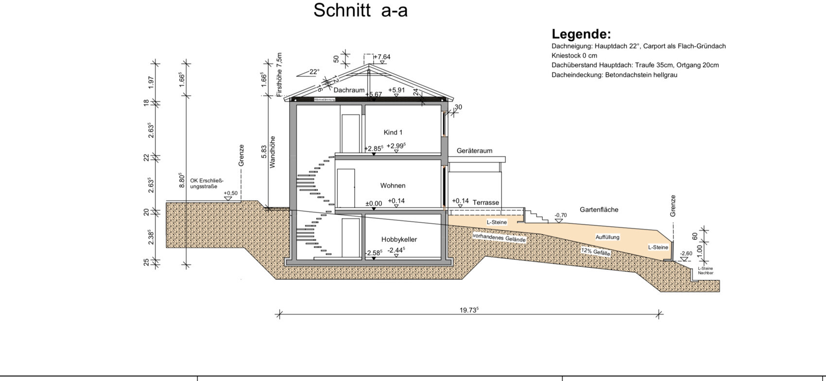 Cross-section through house with basement, stairs, terrace and garden, shell foundations visible