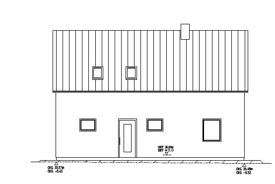 Zweistöckiges Haus mit Satteldach, zwei Fenster oben, drei Fenster unten und Tür – einfache Skizze.