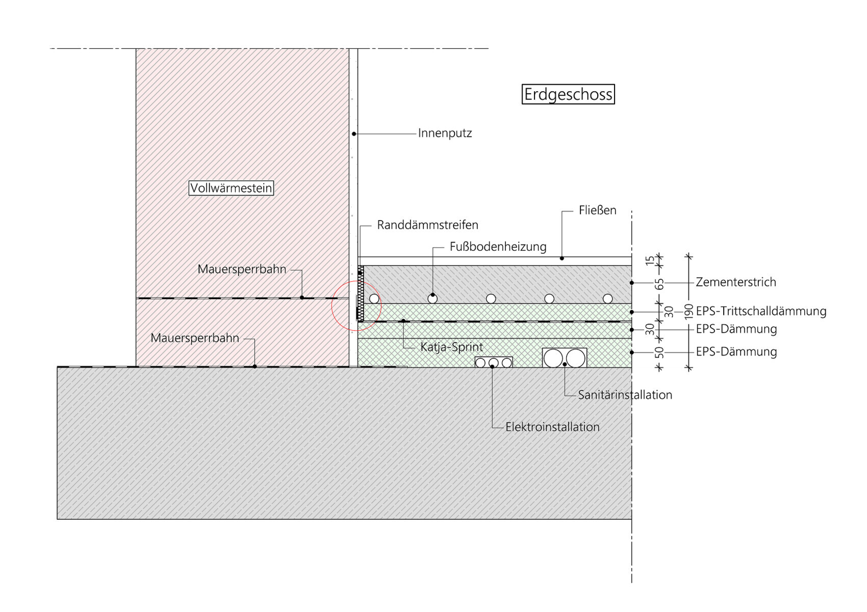 Technical building drawing of a ground floor with underfloor heating, insulation, and wall construction