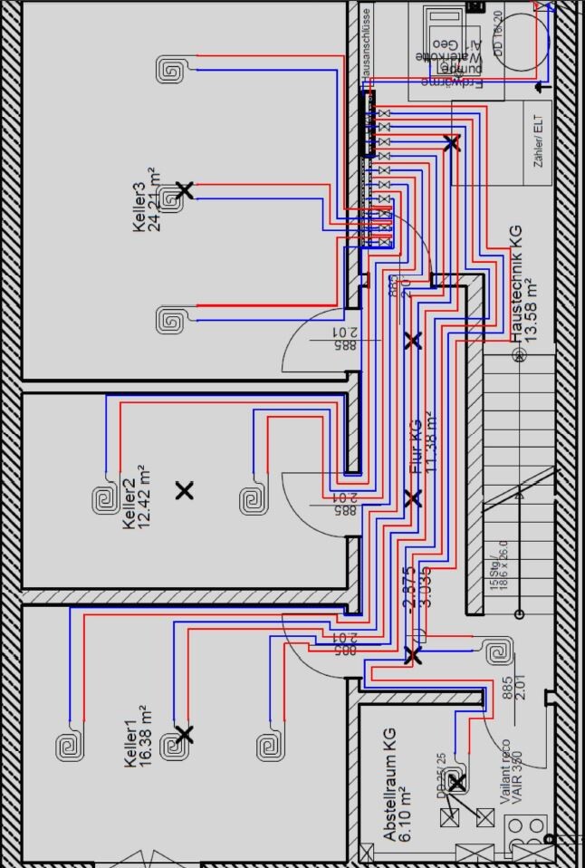 Basement floor plan with red and blue pipes, doors, and storage room.