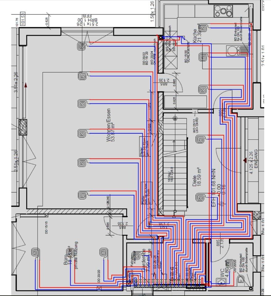 Apartment floor plan with red and blue electrical wiring, kitchen, and hallway.