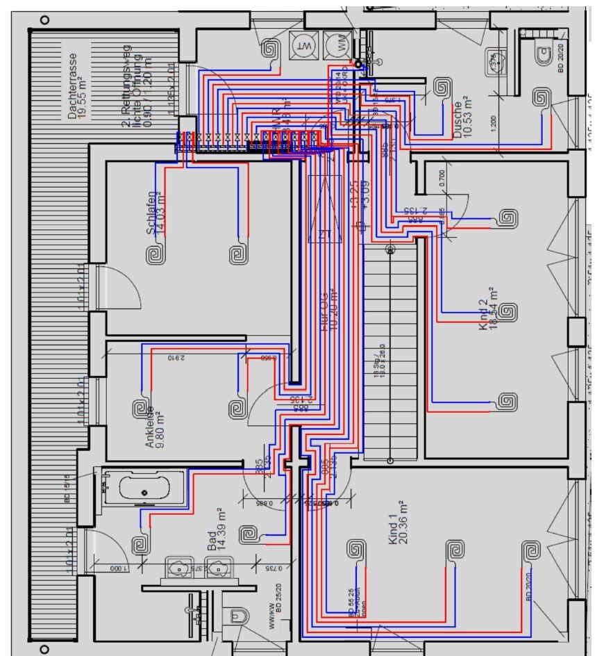 House floor plan with red/blue heating and plumbing pipes.