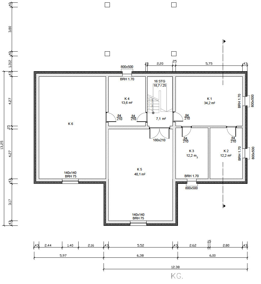 Basement floor plan: rooms K1–K6, stairs, doors, dimensions