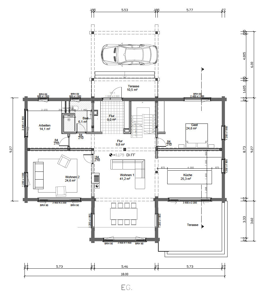 Ground floor plan: two living areas, kitchen, guest room, office, terraces, carport.