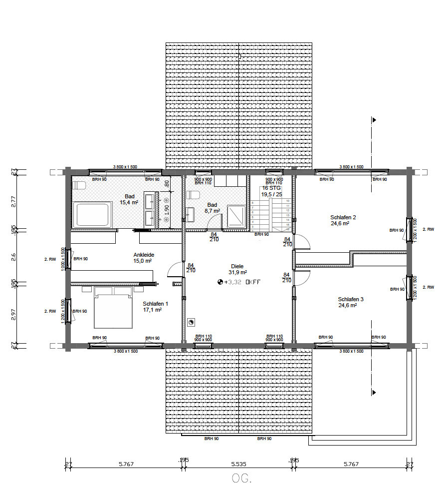 Upper floor plan: three bedrooms, two bathrooms, dressing room, and hallway.