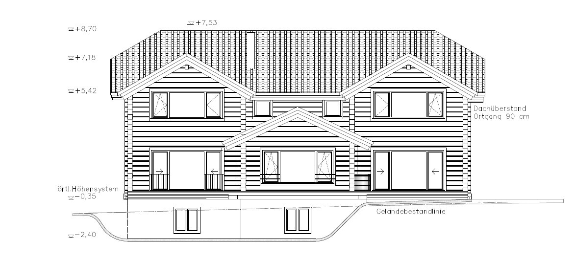 Front view of a two-story wooden house with gable roof, windows, entrance, and basement windows.