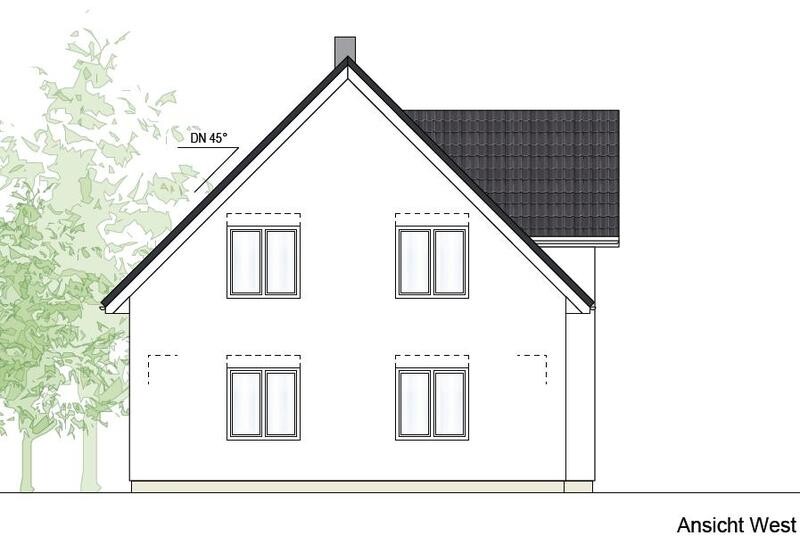 West view of a white detached house with dark gray pitched roof, windows, and a tree on the left.