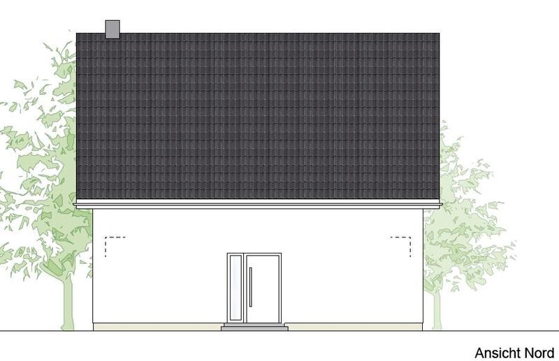 North view: small white house with dark tiled roof, door with glass window, and trees on the sides.