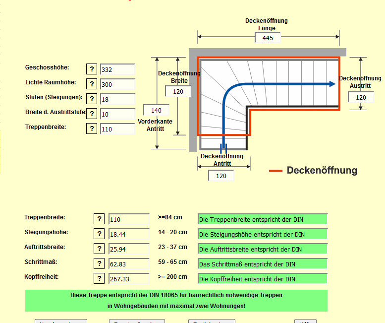 Technical drawing of an interior staircase with dimensions, openings, and colored line guidance.