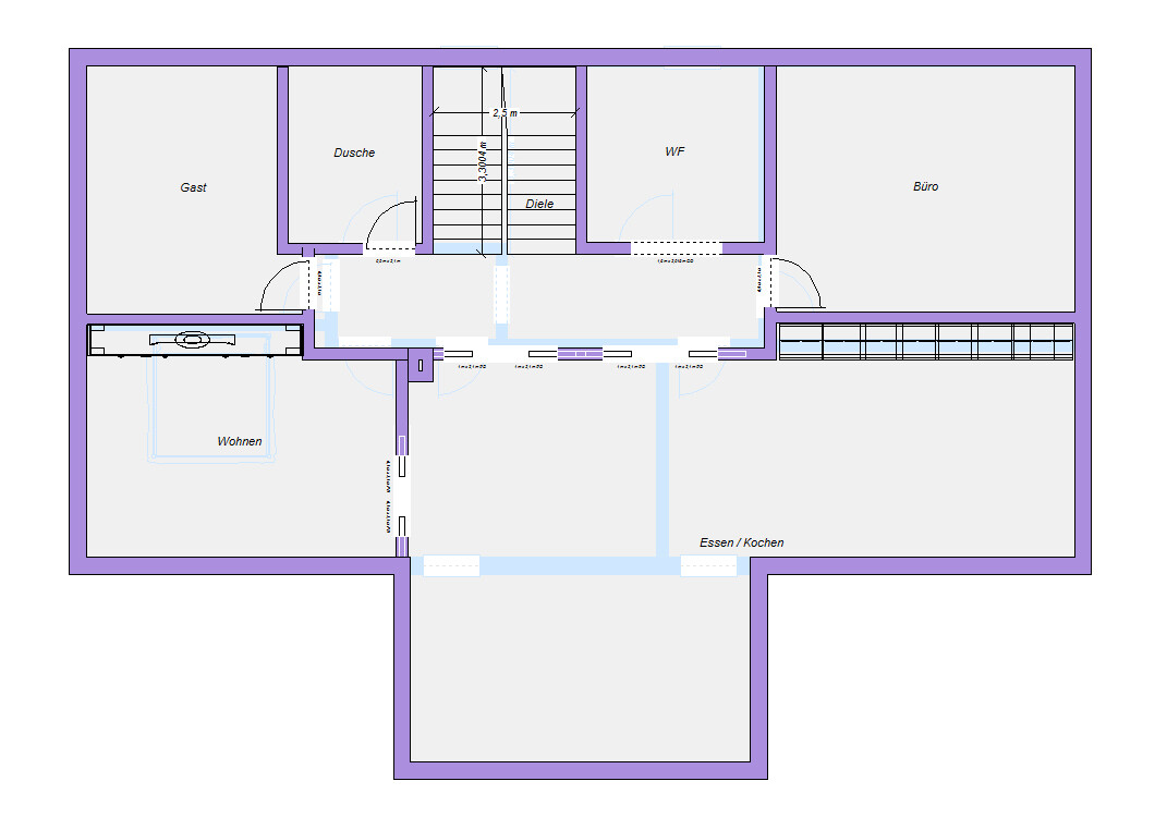 Grundriss eines Gebäudes: Räume Gast, Dusche, Diele, WF, Büro, Wohnen, Essen/Kochen, Treppen.