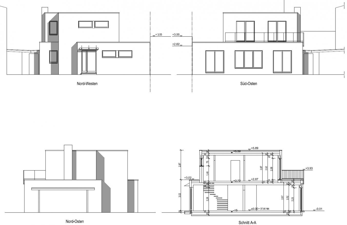 Modern residential facade with flat cubes, large windows, and terrace; northwest/southeast orientation.