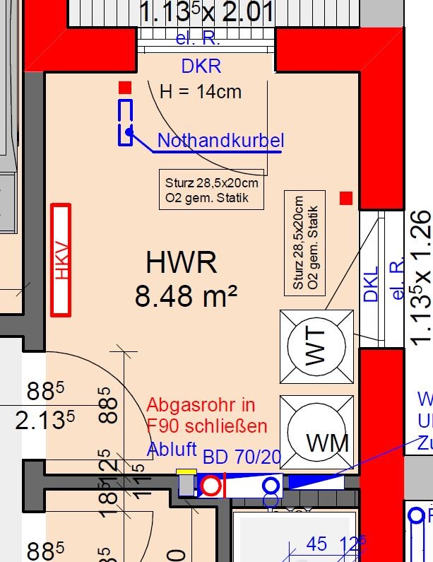 2D Grundrissplan des HWR Hauswirtschaftsraums mit Abgas- und Sanitärleitungen