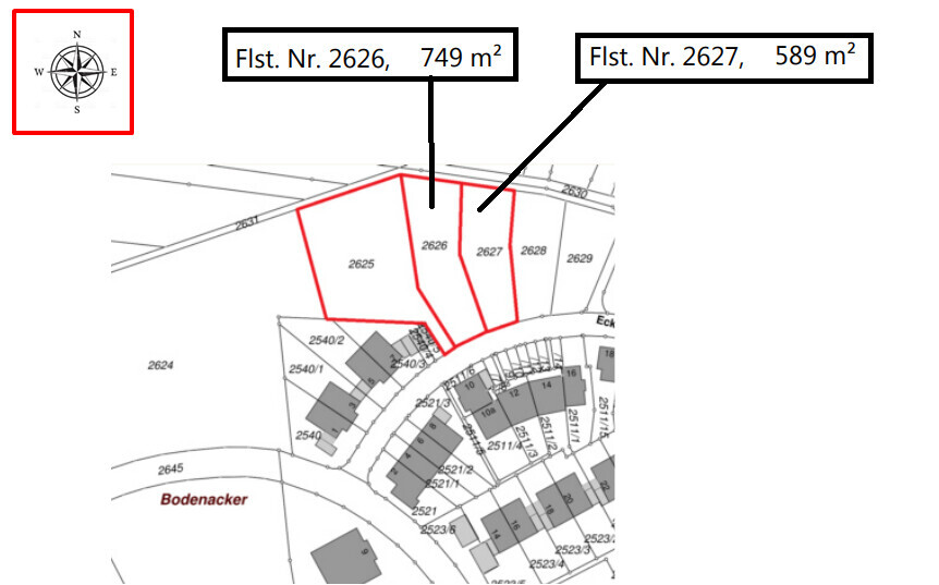 Lageplan der Baugrundstuecke mit roten Umrissen und Nummern 2626 und 2627