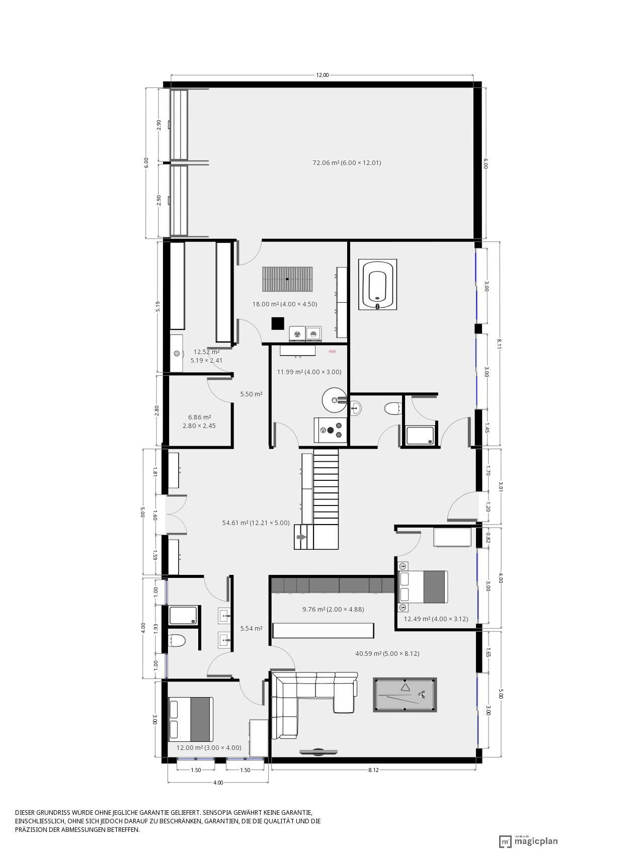 Floor plan of a house with living area, kitchen, bathroom, bedroom, stairs, and pool table.
