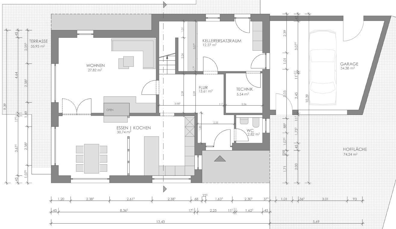 Grundriss eines Einfamilienhauses mit Wohnzimmer, Küche, Flur und Garage