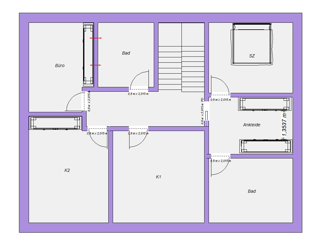 2D floor plan of a house with office, bathroom, bedroom, dressing area, and hallways