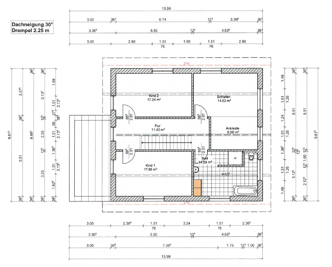 Upper floor plan with 2 children's rooms, master bedroom, bathroom, hallway, dressing room and staircase.