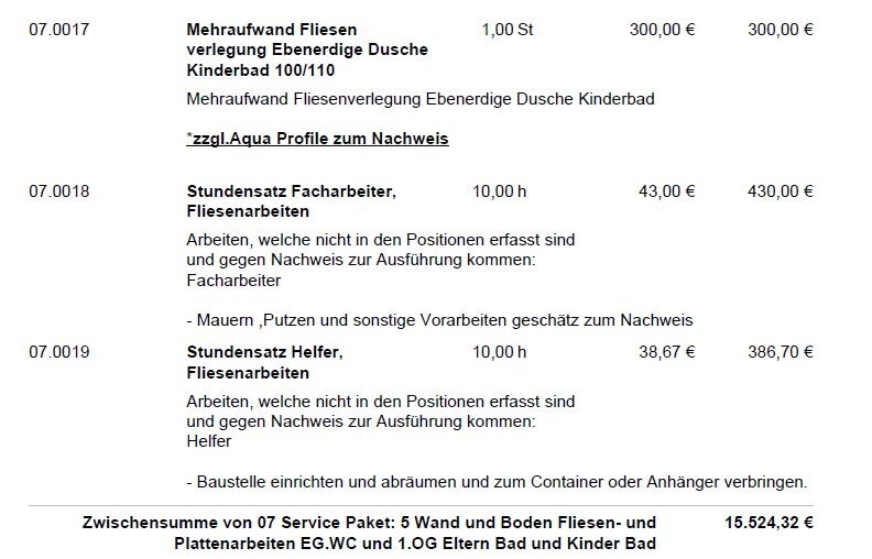 Preisübersicht Fliesen- und Bodenarbeiten mit Stundensätzen und Gesamtsummen