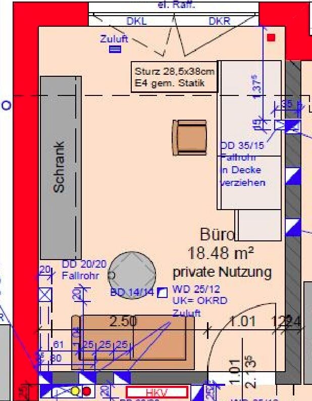 Grundriss eines Büros (18,48 m² (199 ft²)) mit links stehender Schrankwand und zentralem Tisch.