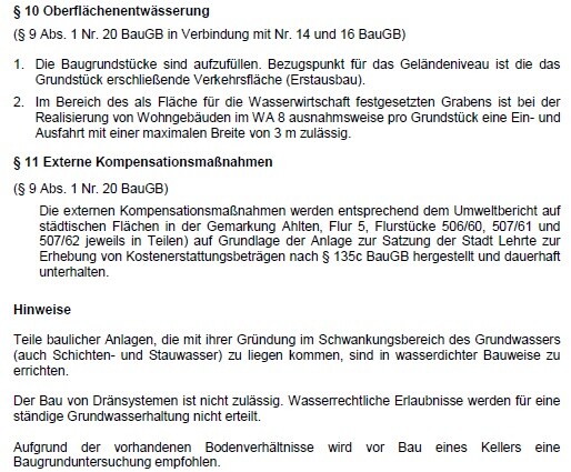 Excerpt from Section 10 and Section 11 of Building Code: surface drainage and compensation measures.
