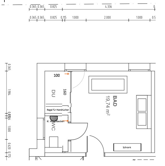 2D floor plan of a bathroom with shower, toilet, sink, door, and bathroom furniture