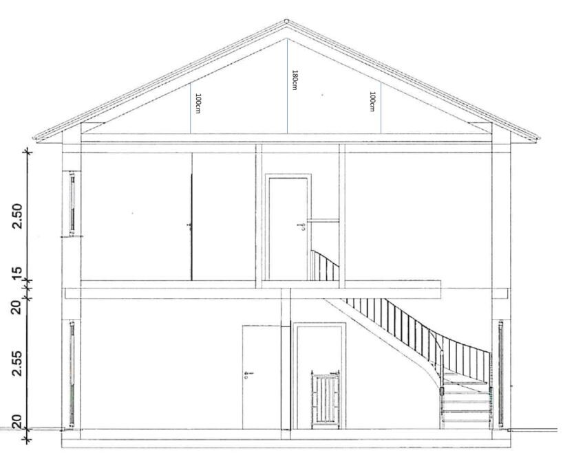 Cross-section of a two-story house with stairs, doors, and roof truss.
