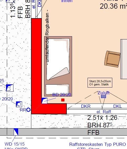 Grundriss eines Zimmers: Bett links, Stuhl rechts, rote Wandbegrenzung.