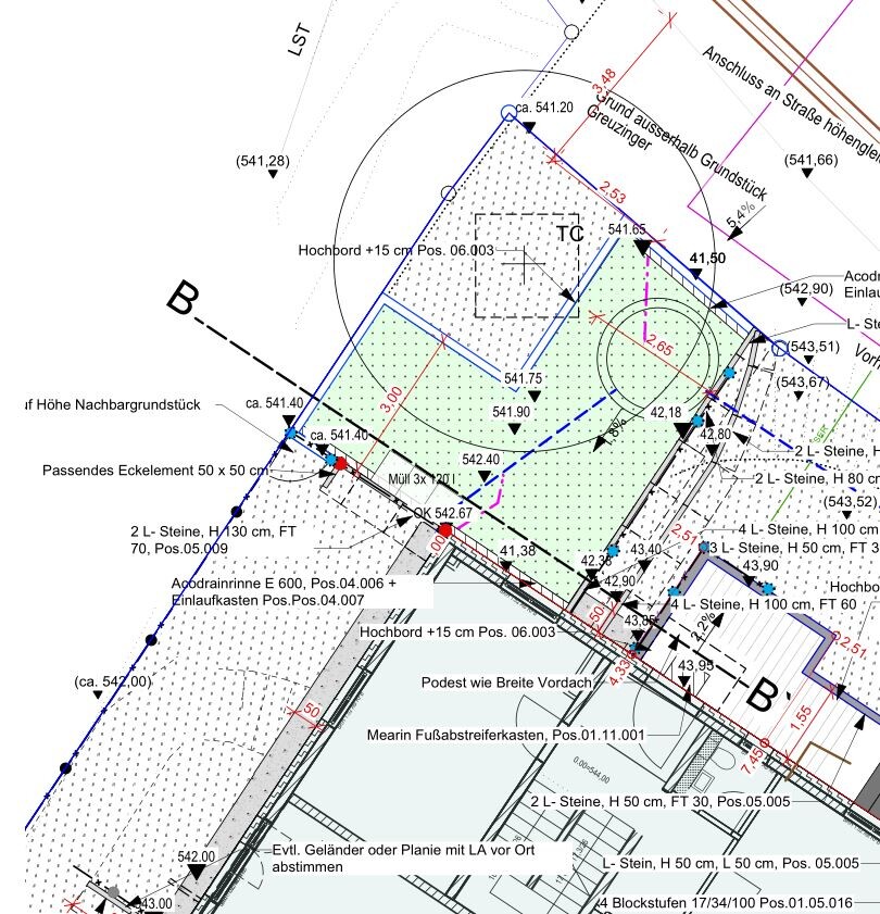 Site plan of a building plot with property boundaries, foundations and elevation details
