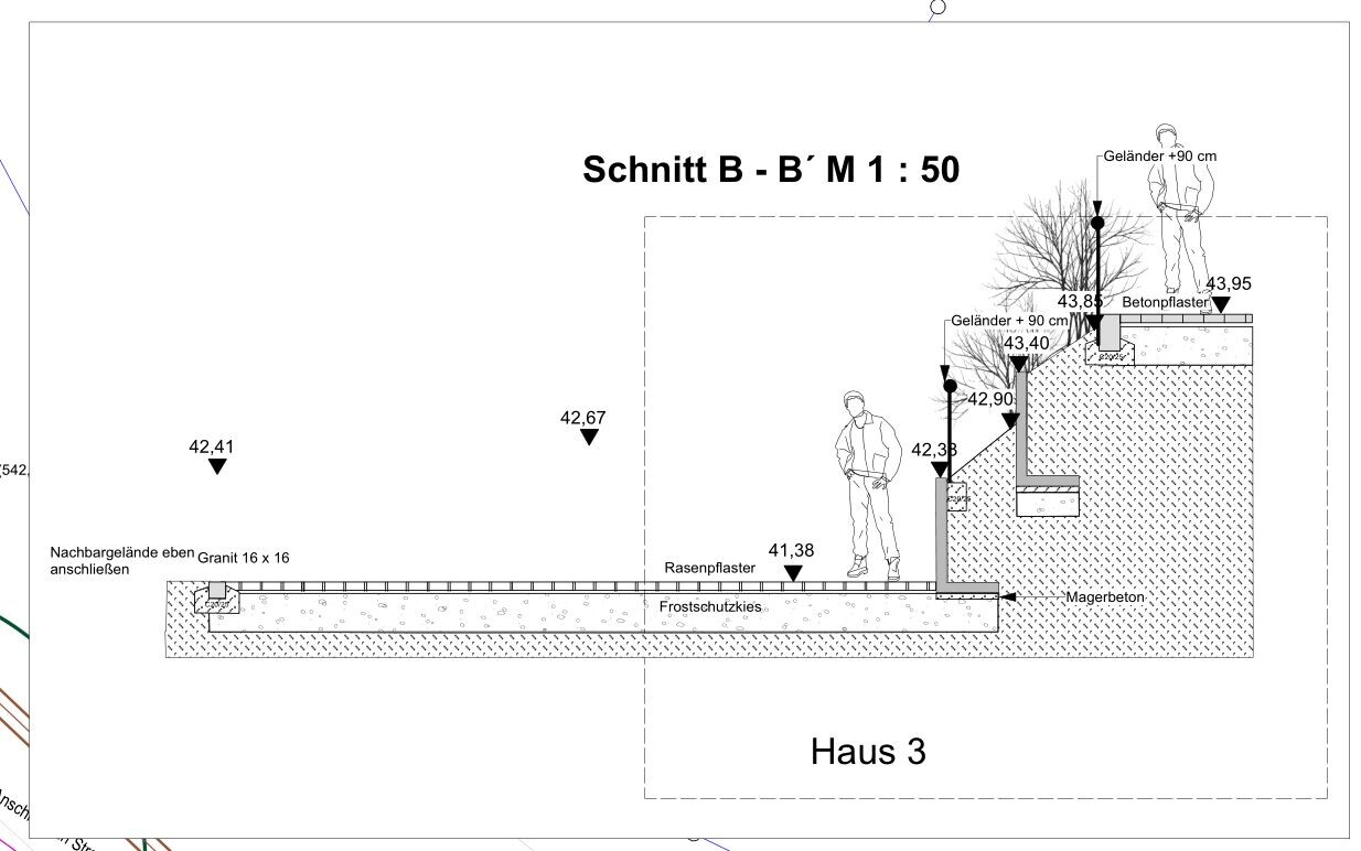 Technical cross-section through house 3 with foundation, frost protection gravel and slab on grade
