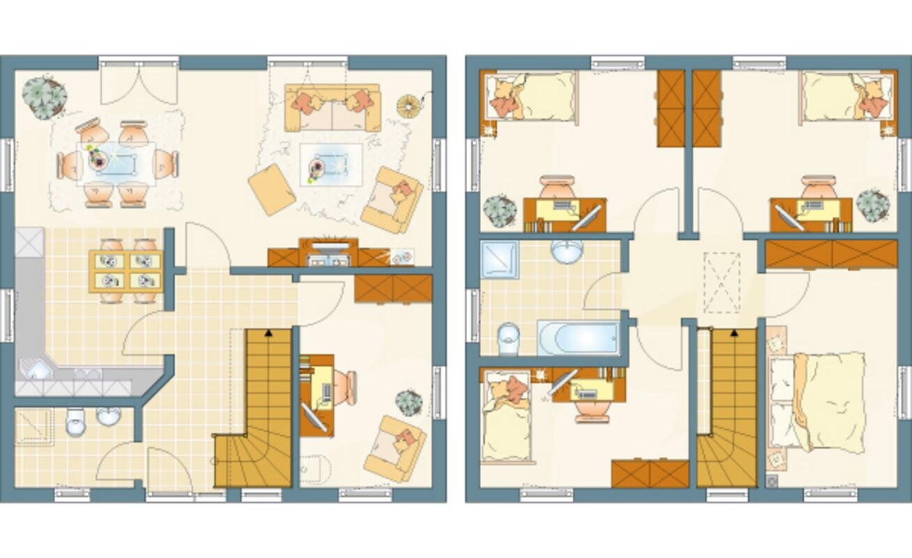 Two-story floor plan: ground floor kitchen, dining room, living room; upper floor bedroom, bathroom, hallway.
