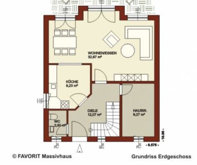 Ground floor plan: open living/dining area, kitchen, hallway, WC, utility room, staircase.