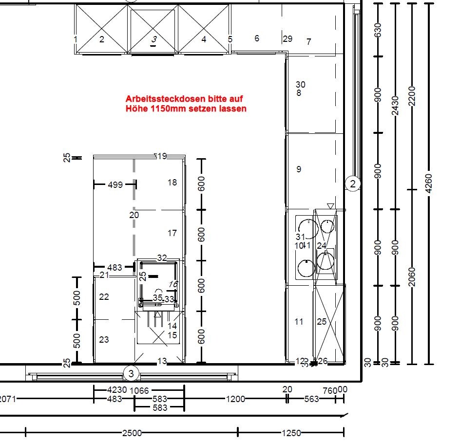 Floor plan of a room with workspace; dimensions in mm, socket height 1150 mm (45 inches).