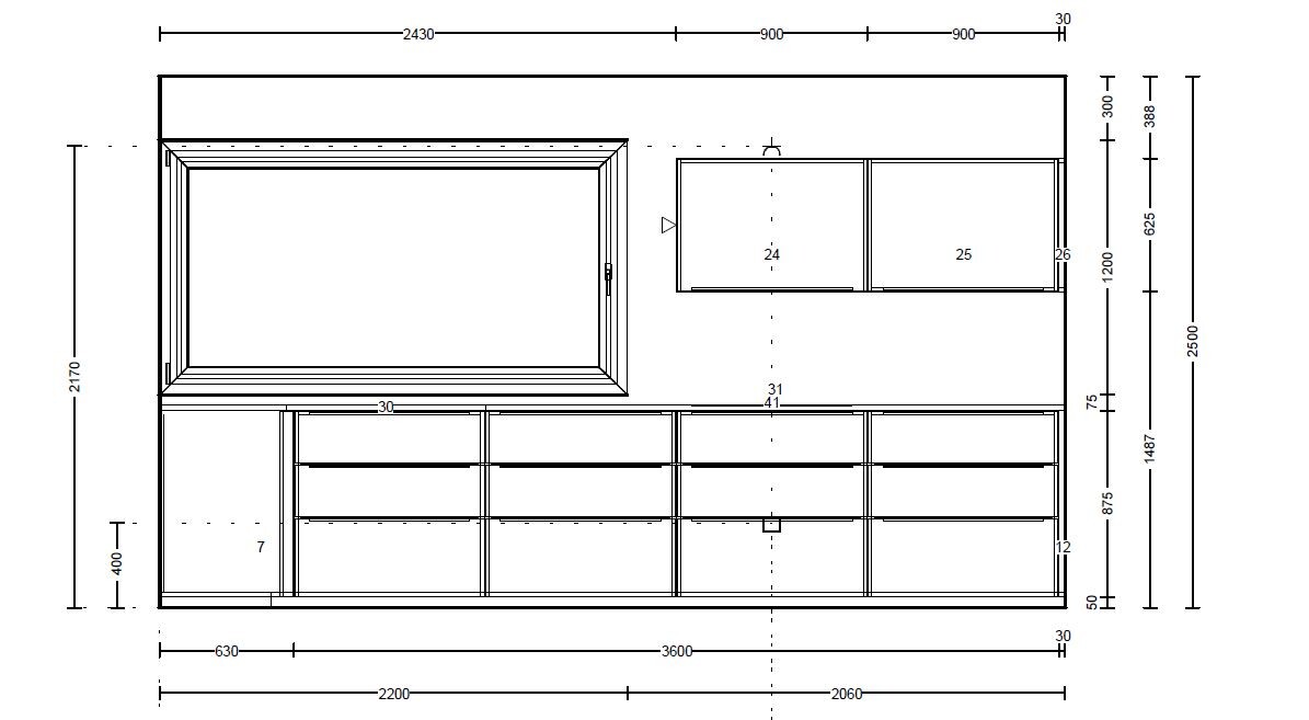 Technical plan of a fitted kitchen front with cabinets, drawers, and window frame (mm).