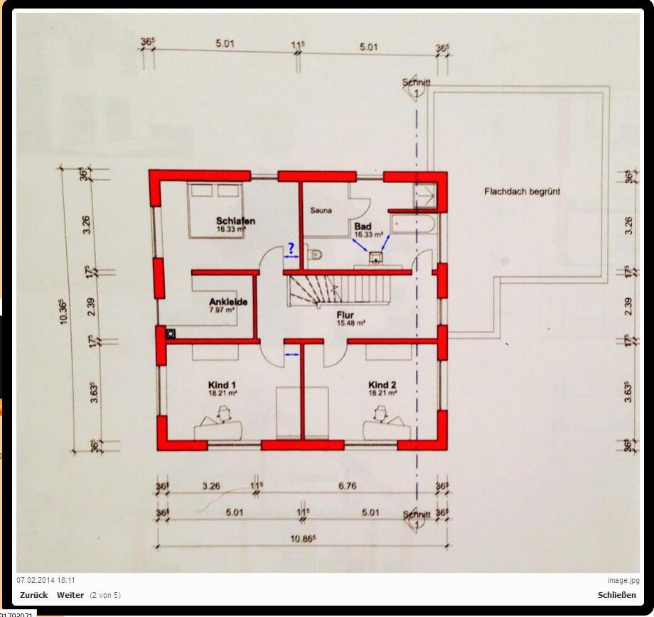 Floor plan of a house with bedrooms, hallway, bathroom, sauna, and children's room, red walls