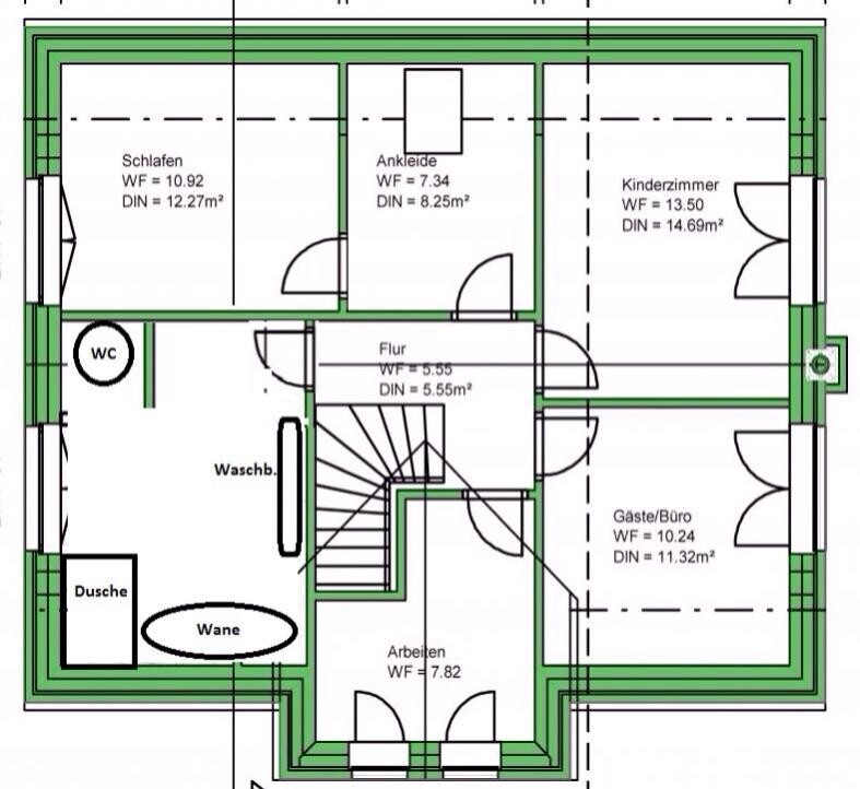 2D floor plan of a house with bedroom, children’s room, guest room, hallway, and bathroom.