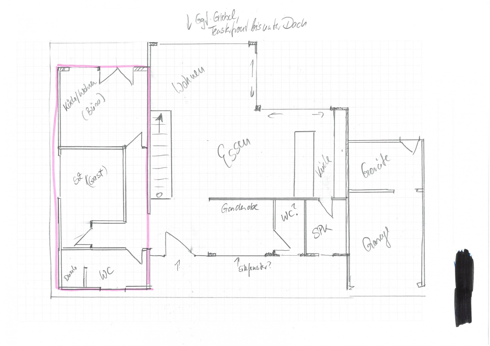 Hand-drawn floor plan of a house: living room, hallway, kitchen, WC, bathroom, bedroom, garage.